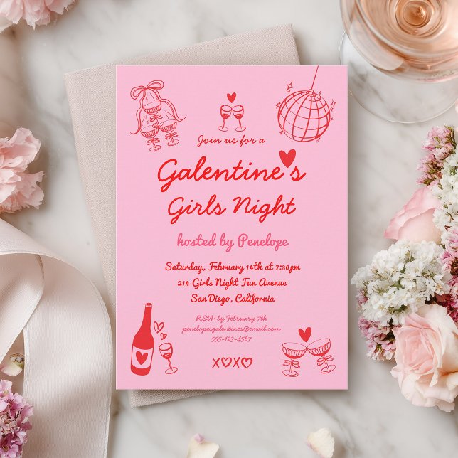 Hand Drawn Galentine's Girls Night Party Inbjudningar (Skapare uppladdad)