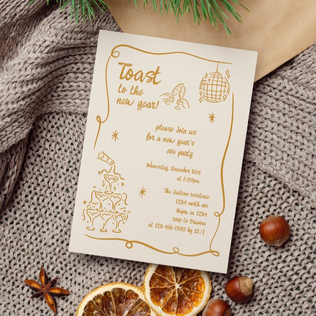 Hand Drawn Gold Illustrated New Years Eve Party Inbjudningar (Skapare uppladdad)