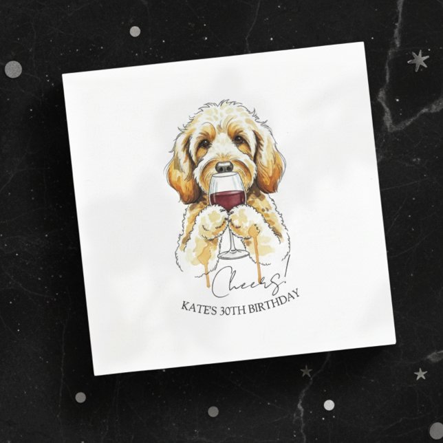 Hand Drawn Golden Doodle Red Wine Glass Pappersservett (Celebrate the occasion with this custom hand drawn golden doodle red wine glass napkin!)