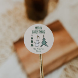 Hand Drawn Green Abstract Christmas Tree Snowman Runt Klistermärke