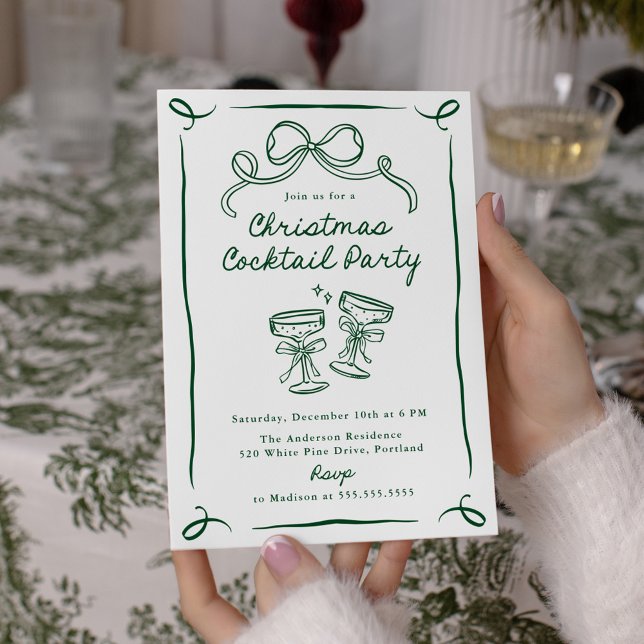 Hand-Drawn Green Bow Christmas Cocktail Party Inbjudningar (Skapare uppladdad)