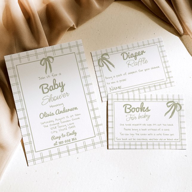 Hand Drawn Green Bow Gingham Neutral Baby Shower Inbjudningar (Skapare uppladdad)