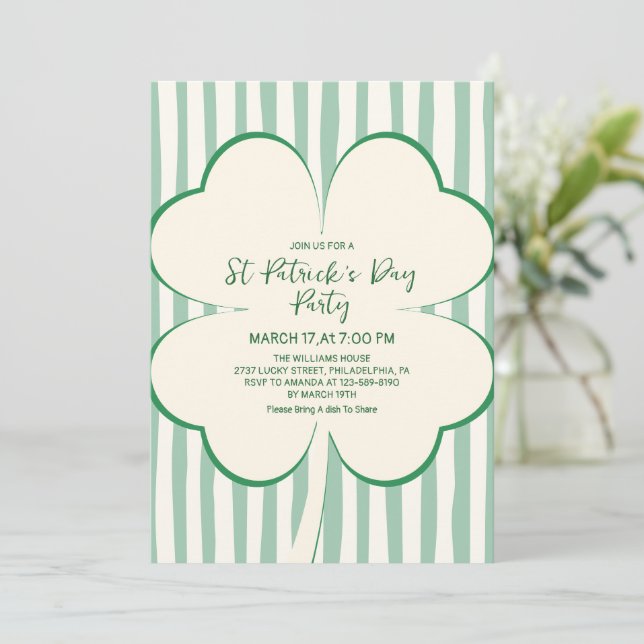 Hand Drawn Green Clover & Stripes St Patrick's Day Inbjudningar (Stående Fram)