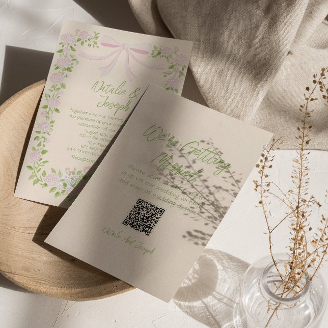 Hand Drawn Green Pink Bow Floral QR Code Wedding Inbjudningar (Skapare uppladdad)