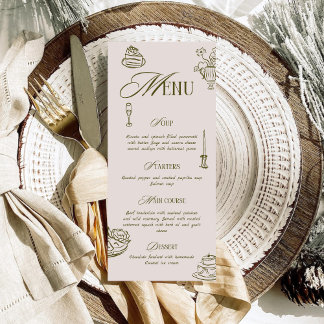 Hand Drawn Green Retro Illustrated Dinner Wedding Meny