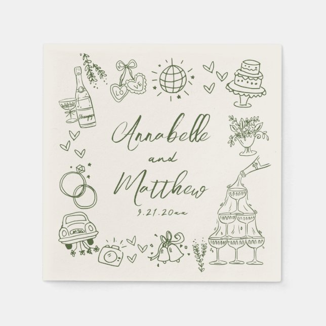 Hand Drawn Green Retro Wedding Pappersservett (Framsidan)
