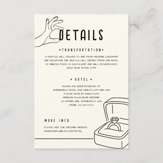 Hand Drawn Illustration Minimalist Wedding Details Tilläggskort (Framsida)