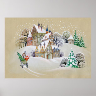 Hand drawn illustration with winter landscape and poster