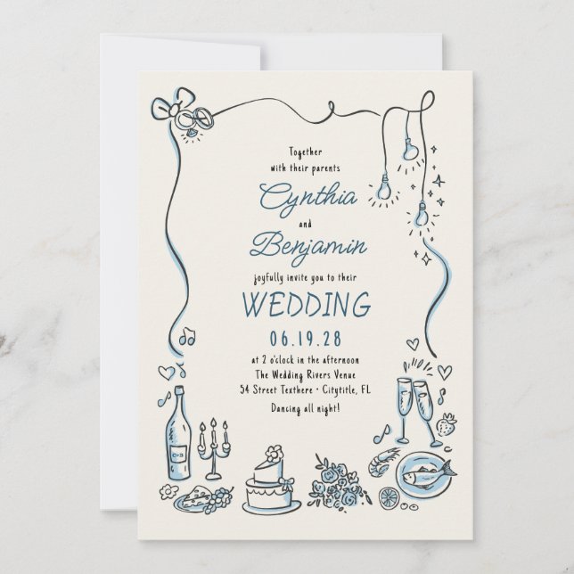Hand Drawn Illustrations Doodles Whimsical Wedding Inbjudningar (Framsida)