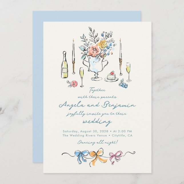 Hand Drawn Illustrations Whimsical French Wedding Inbjudningar (Fram/baksida)