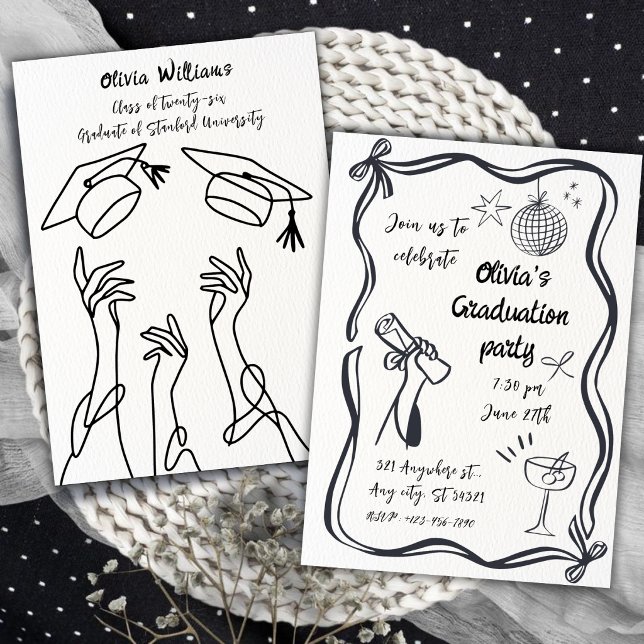 Hand Drawn Minimalist Black White Graduation Party Inbjudningar (Skapare uppladdad)