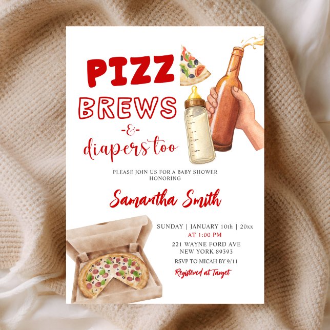 Hand Drawn Minimalist Pizza Brews and Diapers Inbjudningar (Skapare uppladdad)