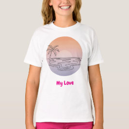 Hand-Drawn Minimalist Sunset Beach T-Shirt – Girls