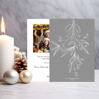 Hand Drawn Mistletoe & Bow Christmas Dusty Gray Julkort