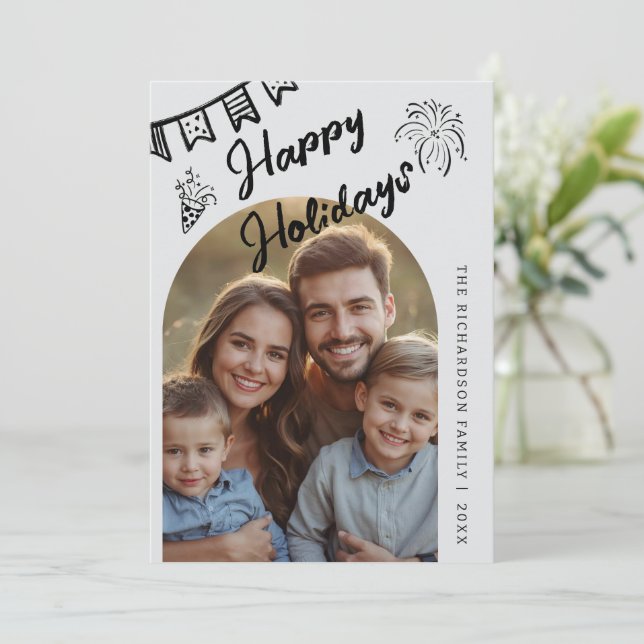Hand Drawn Modern Happy Holidays Arch Photo Julkort (Stående Fram)