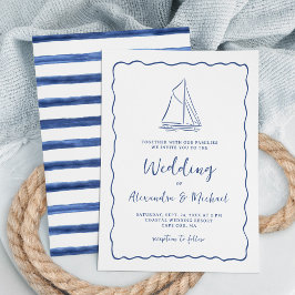 Hand Drawn Nautical Sailboat Navy Blue Wedding Inbjudningar