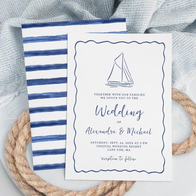 Hand Drawn Nautical Sailboat Navy Blue Wedding Inbjudningar (Skapare uppladdad)