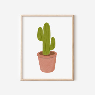 Hand-Drawn Oil Pastel Potted Cactus Art Poster