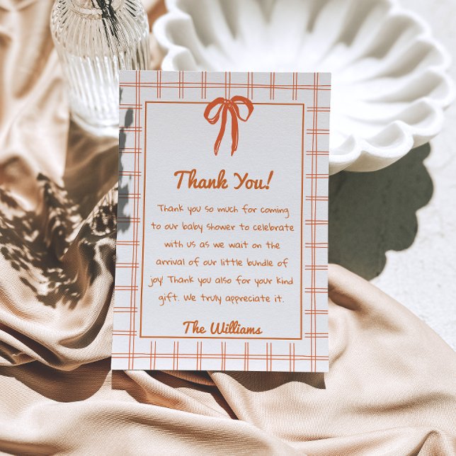 Hand Drawn Orange Gingham Bow Neutral Baby Shower  Tack Kort (Skapare uppladdad)