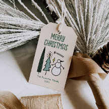 Hand Drawn Painted Green Christmas Trees Snowman