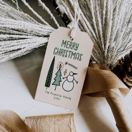 Hand Drawn Painted Green Christmas Trees Snowman Presentetikett