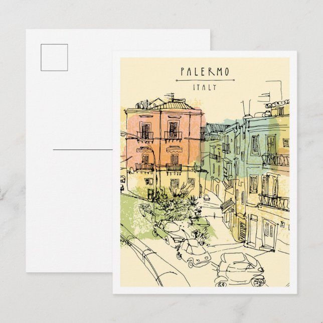 Hand drawn Palermo Italy Scene Landmark Vykort (Fram/baksida)