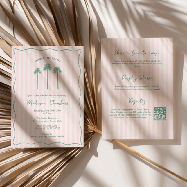 Hand-Drawn Palm Springs Pink Green Bridal Shower Inbjudningar (Preppy pink and green Palm Springs Bridal Shower invitation with hand drawn fan palms & wavy border)