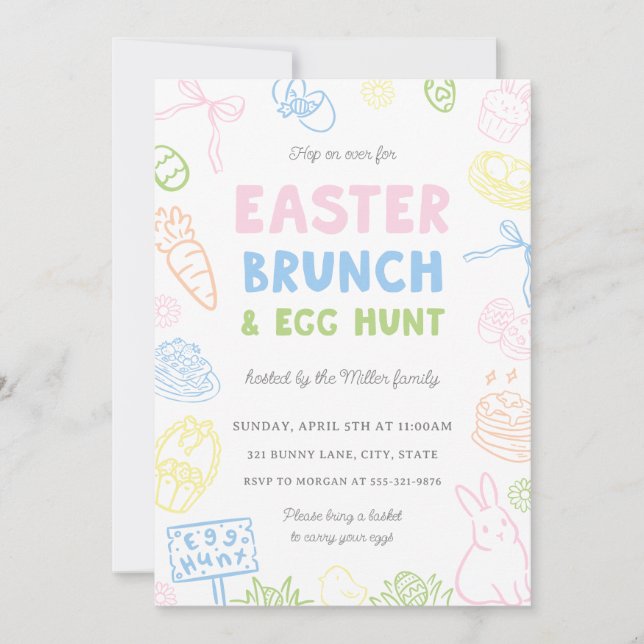 Hand Drawn Pastel Easter Brunch & Egg Hunt Invites (Framsida)
