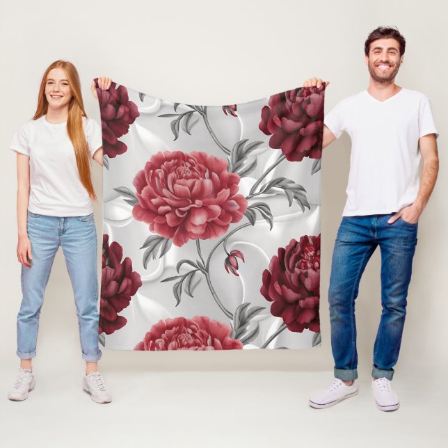 Hand-Drawn Peony Fleece Blanket – Elegant Crimson  (På plats)