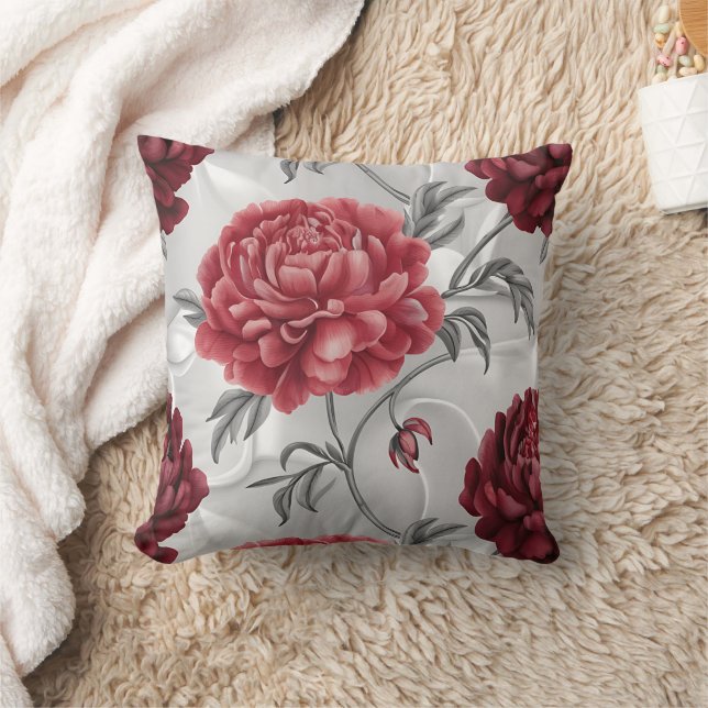 Hand-Drawn Peony Throw Pillow Cover Elegant Crimso Kudde (Filt)