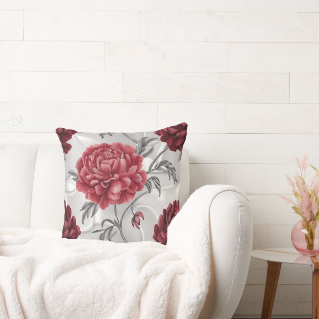 Hand-Drawn Peony Throw Pillow Cover Elegant Crimso Kudde (Soffa)
