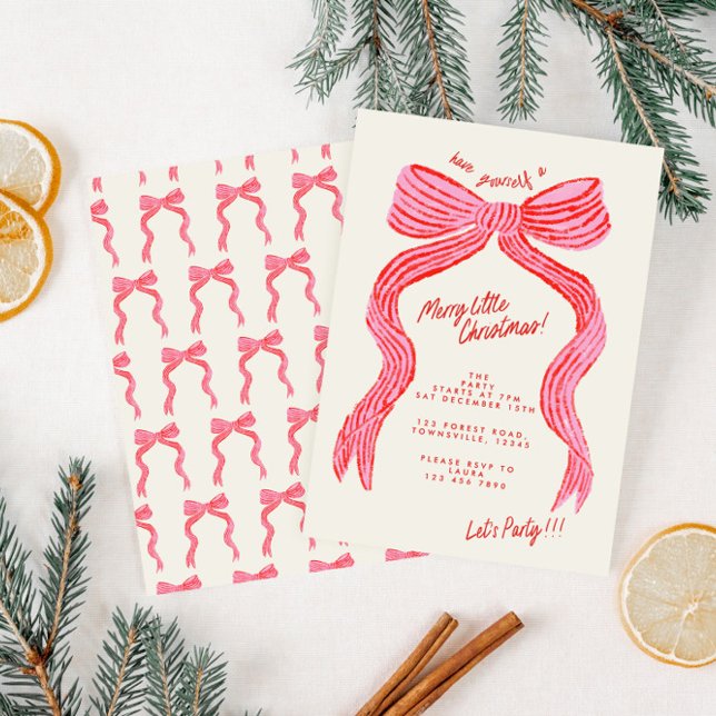 Hand Drawn Pink and Red Bow Christmas Party Inbjudningar (Skapare uppladdad)