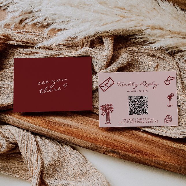 Hand Drawn Pink Burgundy Romantic QR Code Wedding OSA Kort (Skapare uppladdad)
