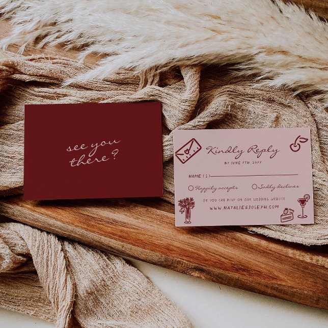 Hand Drawn Pink Burgundy Romantic Wedding OSA Kort (Skapare uppladdad)