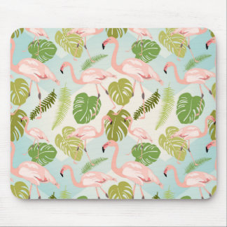 Hand drawn pink flamingo and monstera leaves. Seam Musmatta