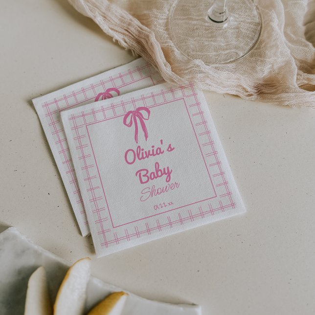 Hand Drawn Pink Gingham Bow Baby Girl Shower Pappersservett (Skapare uppladdad)