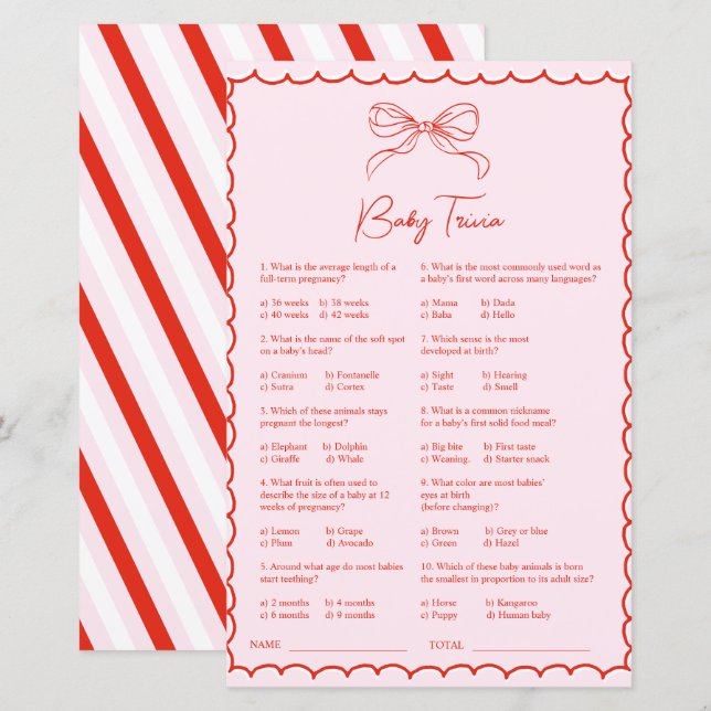Hand Drawn Pink Red Baby Trivia Baby Shower Game (Fram/baksida)