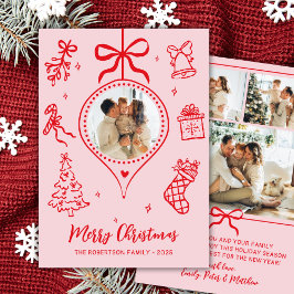 Hand-Drawn Pink Red Doodle Photo Merry Christmas Julkort