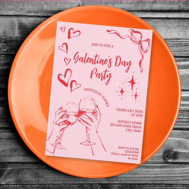 Hand Drawn Pink Red Galentine's Day Cocktail Party Inbjudningar (hand drawn whimsical red and pink Galentine's party)