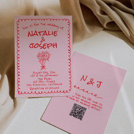 Hand Drawn Pink Red Retro QR Code Wedding Inbjudningar
