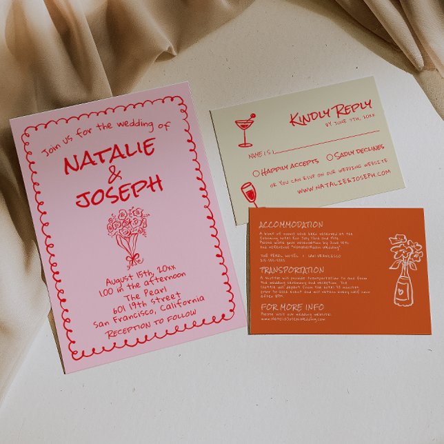 Hand Drawn Pink Red Retro Unique Quirky Wedding Inbjudningar (Skapare uppladdad)