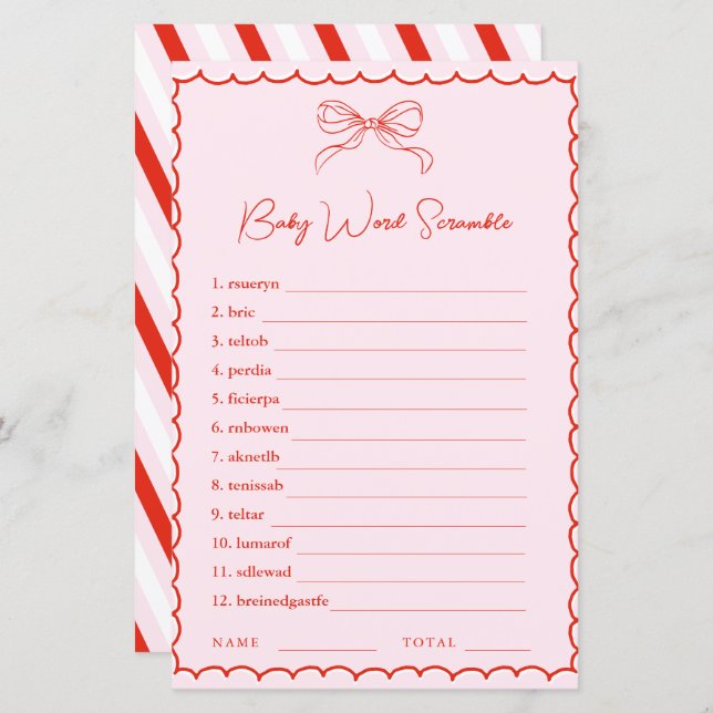 Hand Drawn Pink Red Word Scramble Baby Shower Game (Fram/baksida)