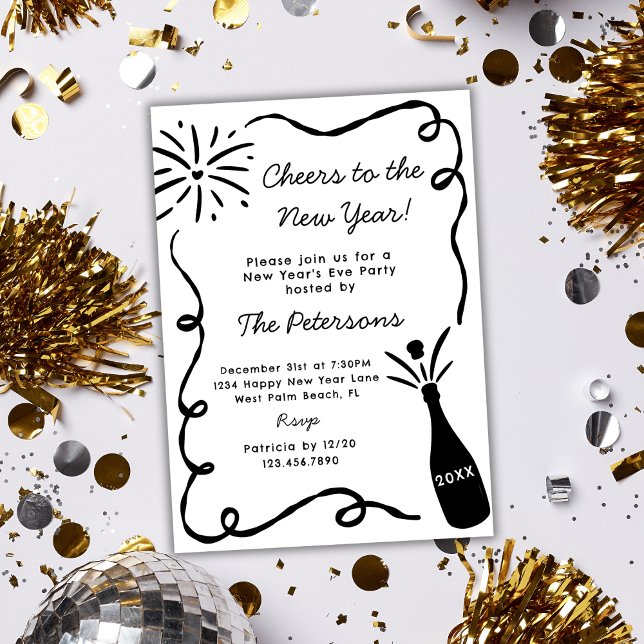Hand Drawn Popping Champagne New Years Eve Party Inbjudningar (Skapare uppladdad)