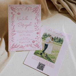 Hand Drawn QR Code Floral Garden Photo Wedding Inbjudningar