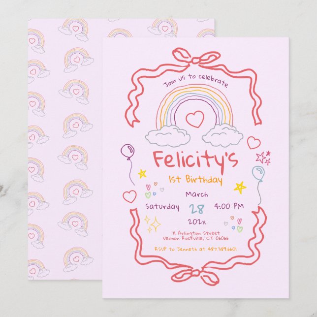 Hand Drawn Rainbow Whimsical Birthday Inbjudningar (Fram/baksida)