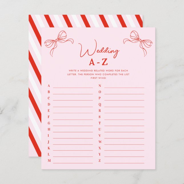 Hand Drawn Red Bow Wedding A-Z Bridal Shower Game (Fram/baksida)