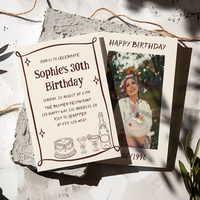 Hand Drawn Red & Cream 30TH Birthday Photo  Inbjudningar (Skapare uppladdad)