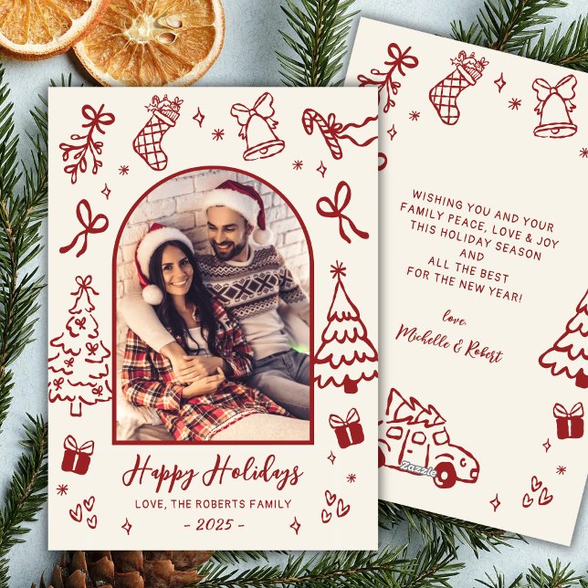 Hand-Drawn Red Doodle Arch Photo Christmas Happy  Julkort (Skapare uppladdad)