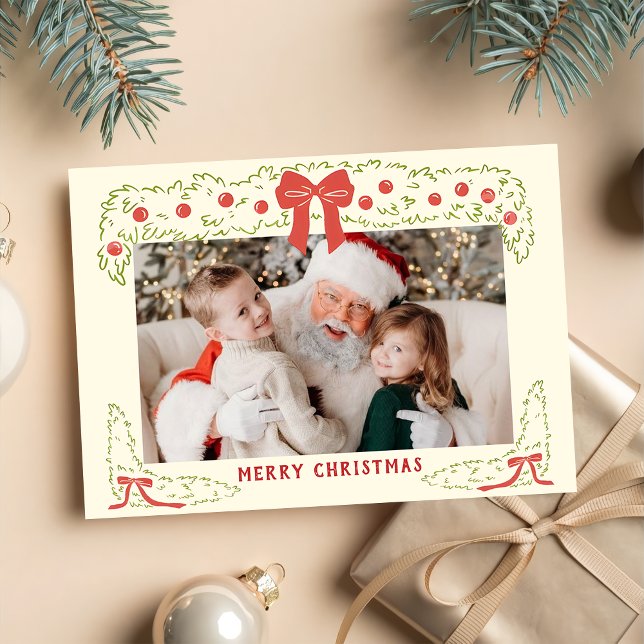 Hand Drawn Red Green Bow Christmas Holiday Card Julkort (Skapare uppladdad)