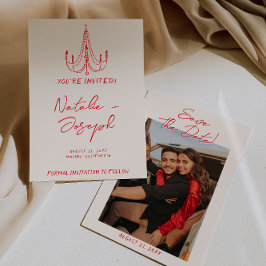 Hand Drawn Red Old Money Retro Photo Wedding Spara Datumet